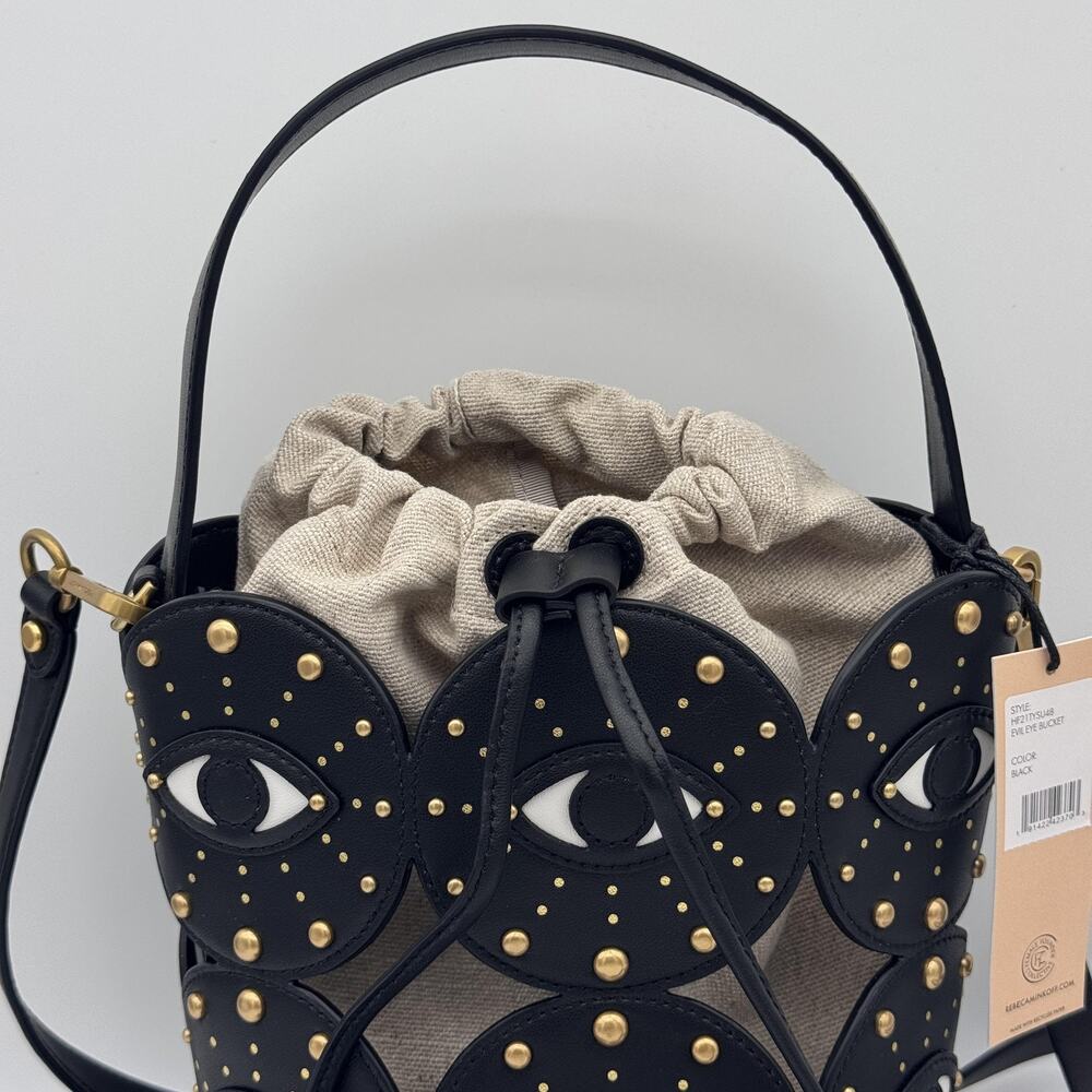 Rebecca Minkoff Evil Eye Bucket Bag Studded Leather Canvas Crossbody Black NEW - Picture 4 of 16